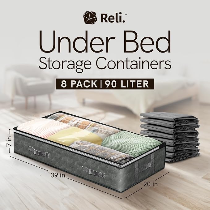 Reli. 90L Under Bed Storage with Clear Window, 8 Pack | Closet Storage Bins | Large underbed storage bags with clear window, gray, dual zippers, 90L, 39x20x7, flat storage bins with lids, handles