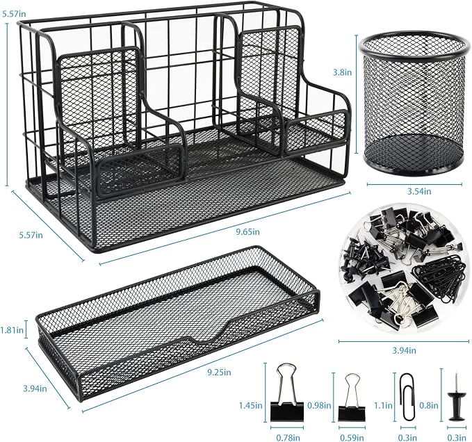 Desk Organizers Caddy and Accessories with 7 Compartments + Pen Holder / 72 Clips Set, Drawer, Black Mesh Office Supplies Desktop Organizer for Home, Office Ect