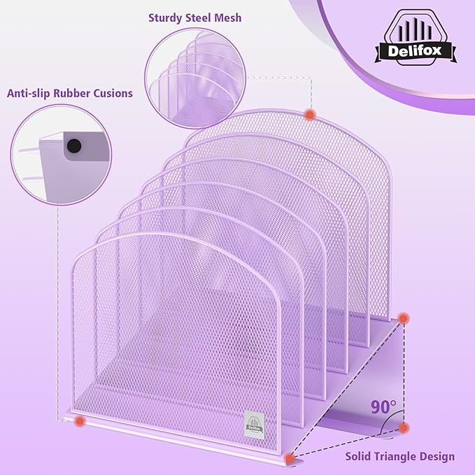 Delifox Inclined Desk File Organizer,Vertical File Folder Holder Stand Metal Rack File Sorter for Office Classroom Desktop Organization (1, Purple, 5)