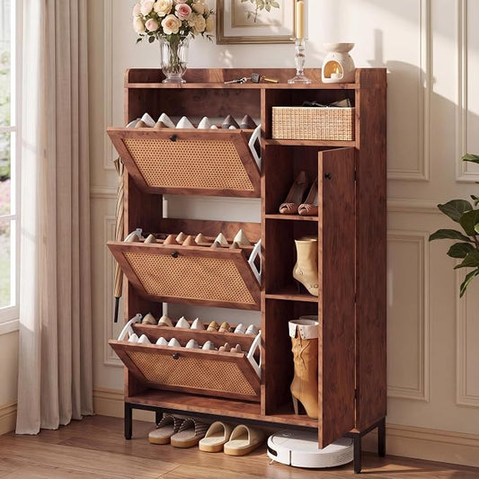 Garvee Shoe Cabinet with 3 Flip Drawers and 4-Tier Shoe Storage Cabinet, Freestanding Shoe Organizer with Adjustable Shelf and Rattan Doors for Entryway, Closet, Hallway