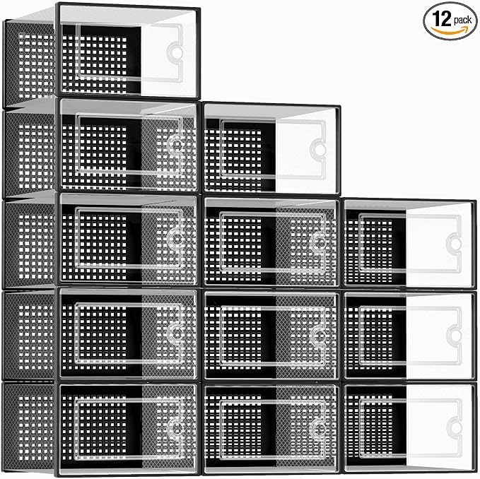 Kuject X-Large Shoe Storage Boxes 12 Pack, Clear Stackable Shoe Organizer | Shoe Case for Closet, Entryway & Under-Bed Storage, Drop-Front Design, Space-Saving Solution for Family Organization,Black