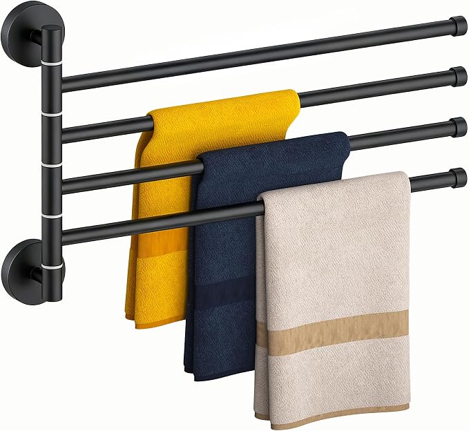 FORIOUS Swivel Towel Racks for Bathroom, 19.5" 4-Arm Towel Bar Matte Black | Rust Resistant, Stainless Steel, 180° Rotating Arms, Wall Mounted, Space Saving, for Bathroom, Kitchen, Laundry, RV and Pool
