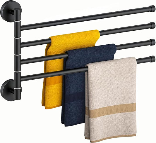 FORIOUS Swivel Towel Racks for Bathroom, 19.5" 4-Arm Towel Bar Matte Black | Rust Resistant, Stainless Steel, 180° Rotating Arms, Wall Mounted, Space Saving, for Bathroom, Kitchen, Laundry, RV and Pool