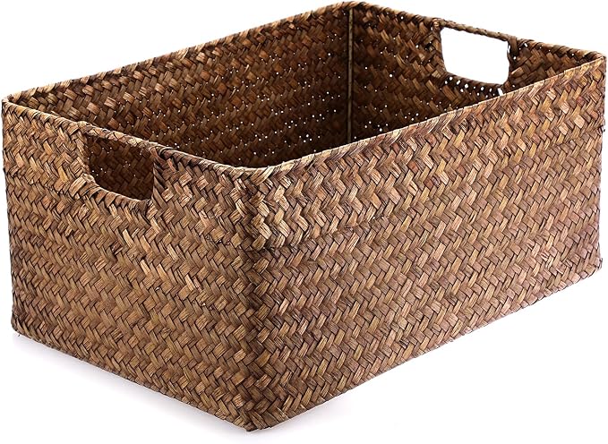 Hipiwe Seagrass Storage Baskets Bin for Shelf, X-Large Woven Wicker Basket | Rectangular Bathroom Baskets Organizer Built-in Handles, Multipurpose Storage Basket Bin, 16.1"L x11.8"W x7.7"H