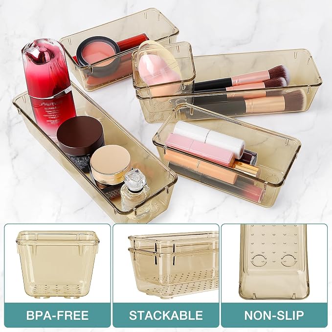 StorMiracle 10 PCS Drawer Organizer Set, 5 Varied Size Bathroom and kitchen Drawer cabinet organizer Trays, Clear Storage Bins for Makeup, Jewelry, Utensils and Gadgets, Champagne