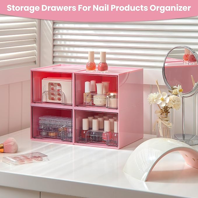 Vtopmart 4 Pack Small Clear Stackable Storage Drawers, Acrylic Bathroom Makeup Organizer, Plastic Storage Bins for Vanity, Undersink, Kitchen Cabinets, Pantry, Home Organization,Pink