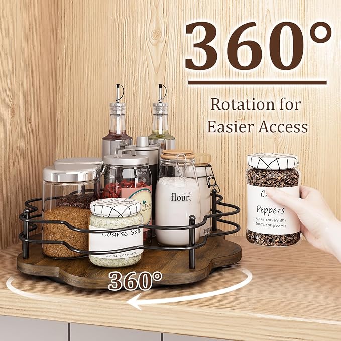 12" Lazy Susan Turntable Organizer,Round Wooden Lazy Susan Organization and Rotating Spice Rack for Dining Table,Pantry,Kitchen Countertop,Vanity,Cupboard and More.Heightened Version
