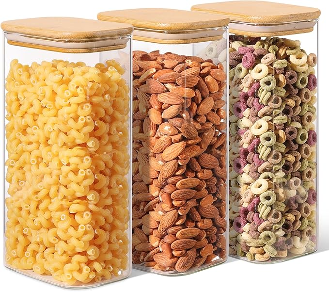 ComSaf Glass Storage Containers With Lids 1.8 Qt, 3 Pack Pantry Organizers | Glass Jars With Bamboo Lids, Rectangle Pantry Jar, Kitchen Canisters, Dry Food Storage Cereal, Flour, Sugar, 54oz, BPA Free