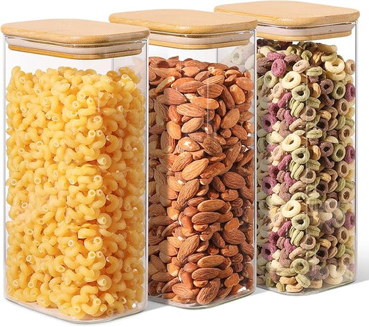 ComSaf Glass Storage Containers With Lids 1.8 Qt, 3 Pack Pantry Organizers | Glass Jars With Bamboo Lids, Rectangle Pantry Jar, Kitchen Canisters, Dry Food Storage Cereal, Flour, Sugar, 54oz, BPA Free