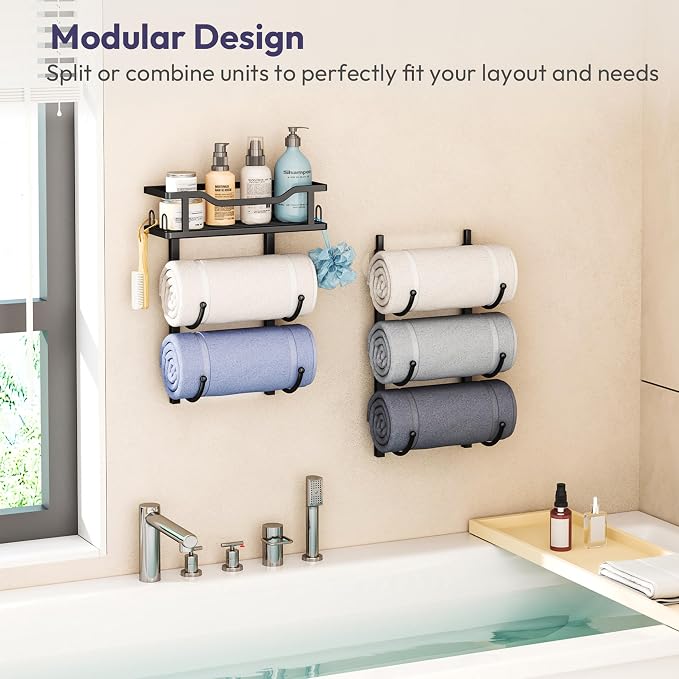 SWTYMIKI Over the Door Towel Rack - 6 Tier Towel Racks for Bathroom Wall Mounted, Towel Holder with Shelf, Hanging Rolled Towel Storage Organizer for Small Bathroom, Camper, RV, Black