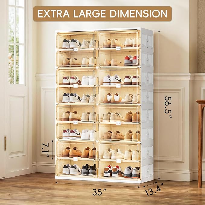 JEKO&JEKO 8 Tiers Foldable Shoe Rack Organizer Cabinet for Closet Entryway, Large Collapsible Shoe Storage Box with Magnetic Doors Fits Up to 32 Pairs (White)