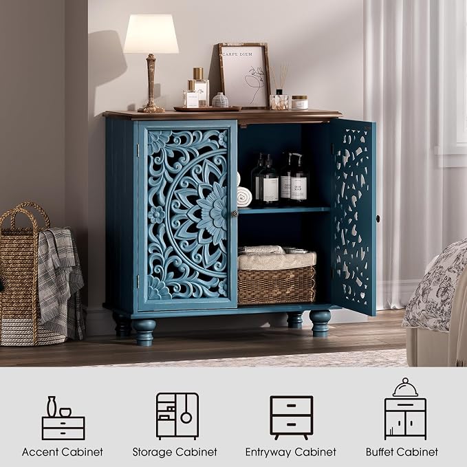 JOINICE 31" Accent Storage Cabinet with Mandala Carved Doors,Blue & Walnut | Carved Floral Design, Solid Wood Legs, Farmhouse Style, Versatile Storage for Living Room/Bedroom/Hallway, Adjustable Shelf