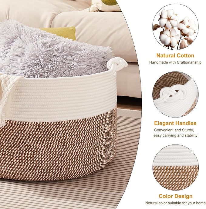 OIASKET Large Blanket Storage Basket for Living Room, 22.8" x 22.8" x 13" Woven Cotton Rope Basket with Handles, Baby Toy Storage, Laundry Hamper for Clothes, Pillows, Towels-Yellow and White