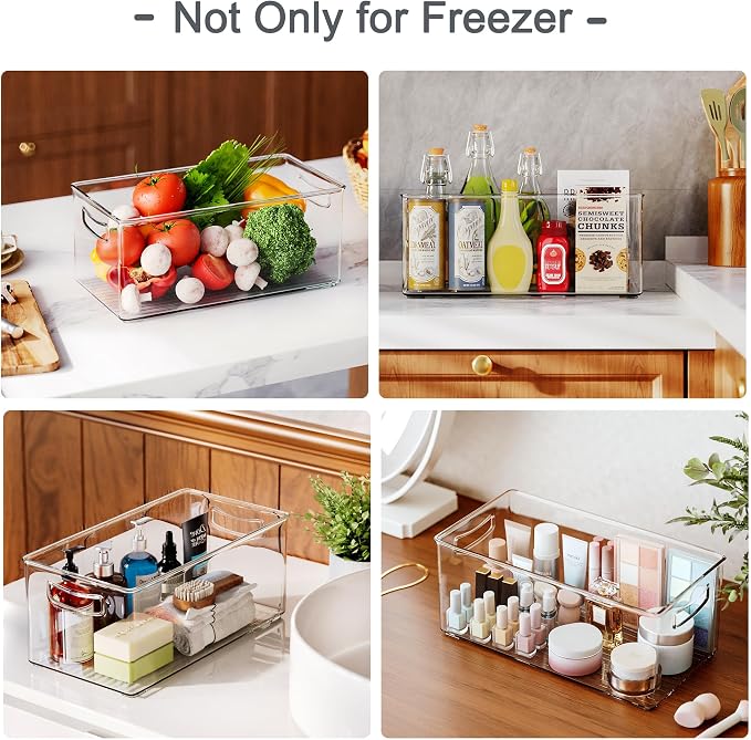 Heyuzb 2 Pack Clear Freezer Organizer Bins Stackable Storage Bins with Side Handles for Kitchen Pantry Cabinet Organzation and Storage