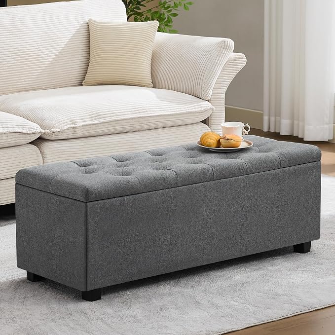 43" Ottoman with Storage and Sturdy Metal Frame, Tufted Upholstered Storage Bench, Modern Footboard Hideaway Chest with Removable Lid and Footrest for Living Room, Entryway (Dark Gray)