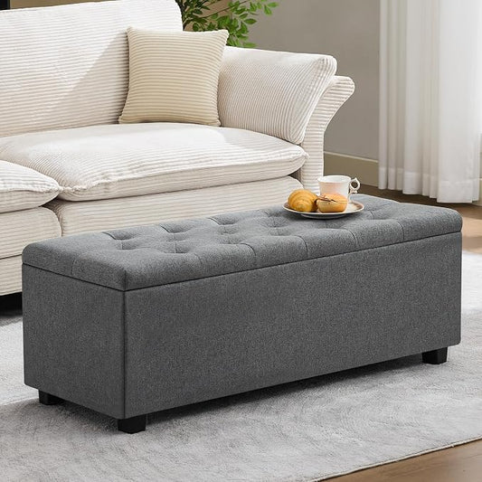 43" Ottoman with Storage and Sturdy Metal Frame, Tufted Upholstered Storage Bench, Modern Footboard Hideaway Chest with Removable Lid and Footrest for Living Room, Entryway (Dark Gray)