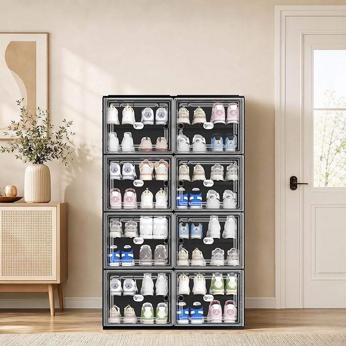 Black Shoe Storage Cabinet for 32 Pairs, Collapsible Plastic Shoe Organizer with Magnetic Clear Doors, 3-Step Tool-Free Assembly for Entryway, Hallway, Apartment and Closet (2Row, 8Tier)