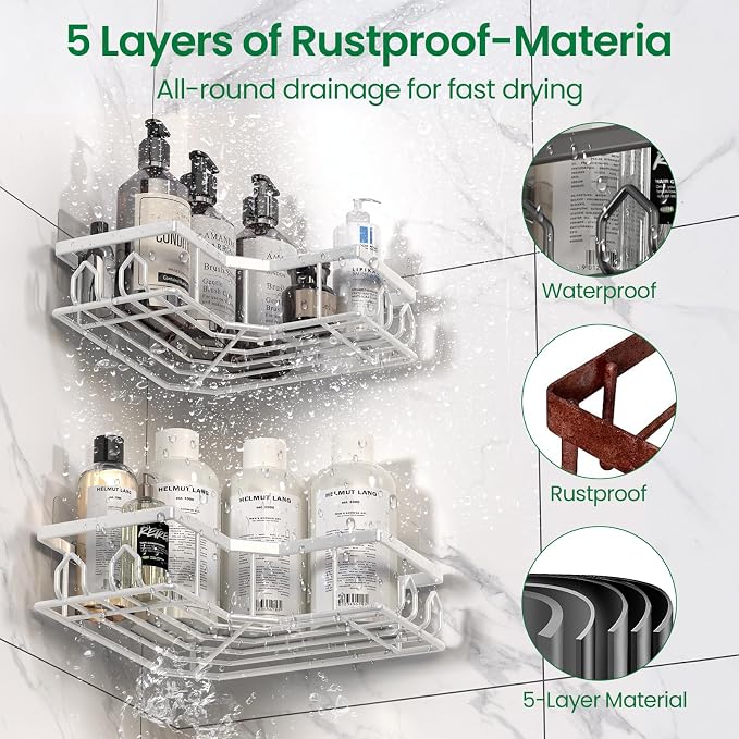 Adhesive Shower Caddy, 4 Pack Corner Bath Organizer, Rustproof Stainless Steel Shower Shelves with Large Capacity, No Drilling Shelves for Bathroom Storage, Home, Kitchen Décor (White).