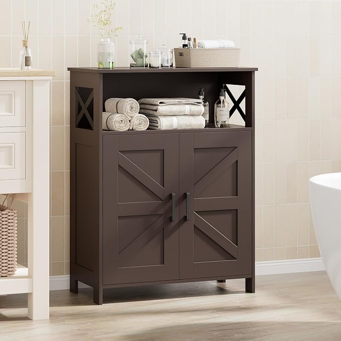 Homhedy Farmhouse Bathroom Storage Cabinet with Doors, Small Floor Cabinet | Toilet Paper Cabinet with Adjustable Shelf, Freestanding Storage Cabinet for Kitchen/Laundry/Living Room, 24"W, Brown
