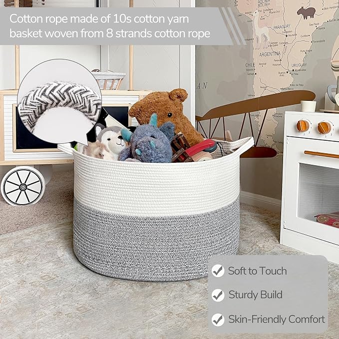 INDRESSME XXXLarge Woven Rope Blanket Basket Living Room Light Grey, 90L | 21.7" x 13.8" Storage baskets for toys laundry & pillows. Fits living room, bedroom or nursery décor. Soft-touch with handles