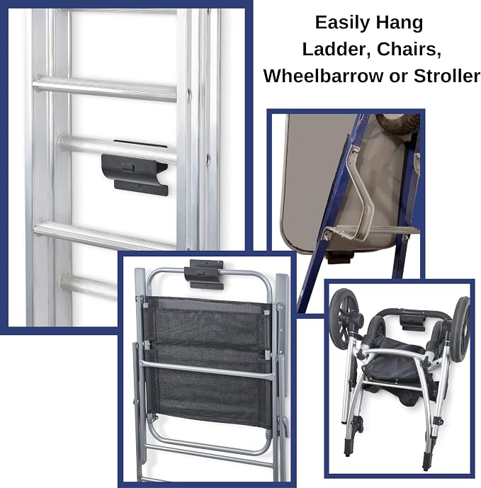 Ladder Hanger Set of 4 for Garage Wall - Black Heavy Duty Utility Hook | Wall Mount Step Ladder Storage, Versatile Tool Holder To Maximize Space In Shed, Workshop, Hang Wheelbarrow, Folding Chair