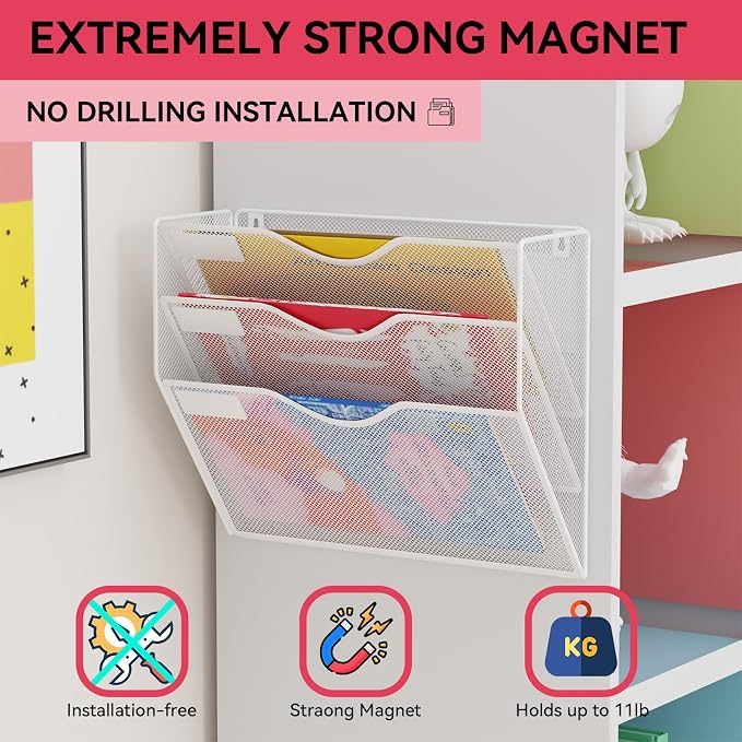 3-Tier Magnetic File Holder, No Drilling Wall File Organizer, File Folder Bins, Mail & Magazine Rack, Magnetic Paper Document Holder for Refrigerator File Cabinets Whiteboard, White