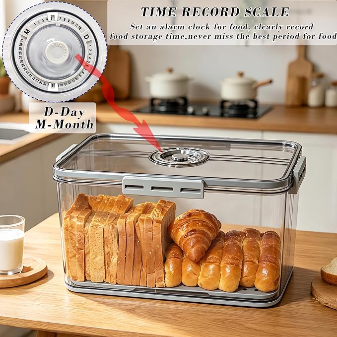 Bread Box Bread Boxes with Lid for Kitchen Counter, Airtight Loaf Bread Storage Container,Large Time Recording Bread Keeper for Homemade Bread, Toast, Bagel, Donut and Cookies ,Not dishwasher safe