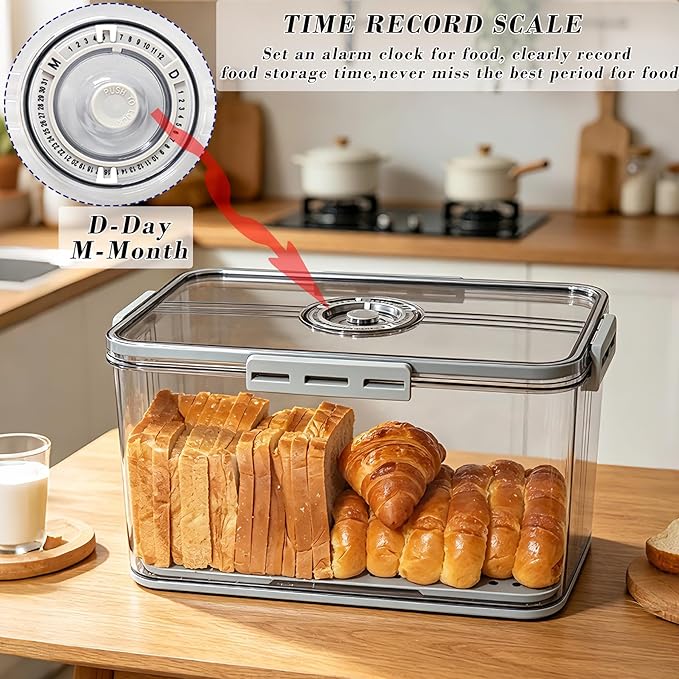 Honbuty Bread Box Bread Boxes for Kitchen Counter Airtight,Time Recording Bread Storage Container with Lid, Bread Keeper for Homemade Bread, Toast, Bagel, Donut and Cookies, Grey,Gifts for Mom Dad