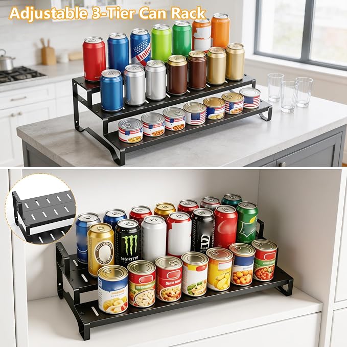 Expandable Can Organizer for Pantry, 3 Tier Metal Canned Food Storage | 13"-21" Adjustable Length, Tiered Reversible Shelf Design, Large-Capacity Storage for Pantry Kitchen Cabinets & Countertops