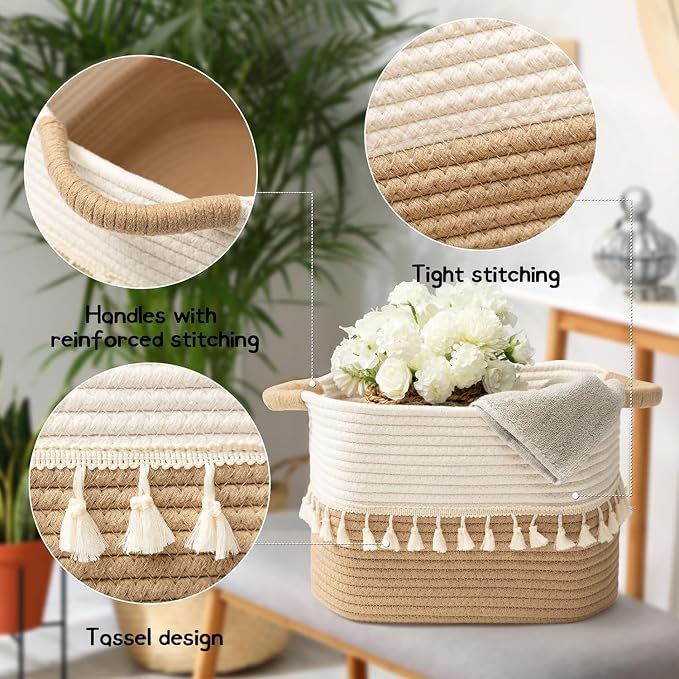 TeoKJ 2 Pack Woven Storage Bin, Cotton Rope Basket for Storage, Clothes Boho Basket Bin for Organizing, Fabric Basket for Books, Plants, Pet Treats, White & Jute