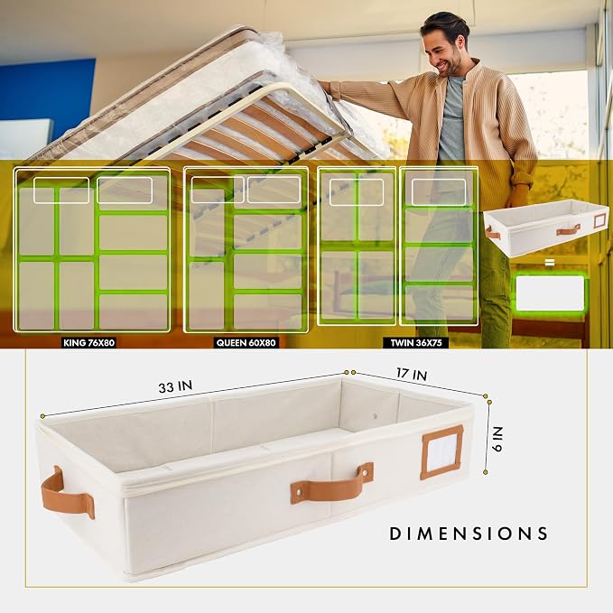 2pc Under Bed Storage Containers, Bedroom Under the Bed Drawer Storage Organizer with Bins and Lids, Large Underbed Clothes Storage Box Ideal for Blanket, Fabric, & Shoes (Ivory)