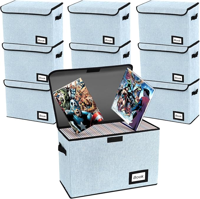 10 Pack Comic Book Storage Box 15.8" X 7.8" X 11.8", Collapsible Holds 160-180 Comic Book Organizer Heavy Duty Bin Container Holder Shelf (Blue)