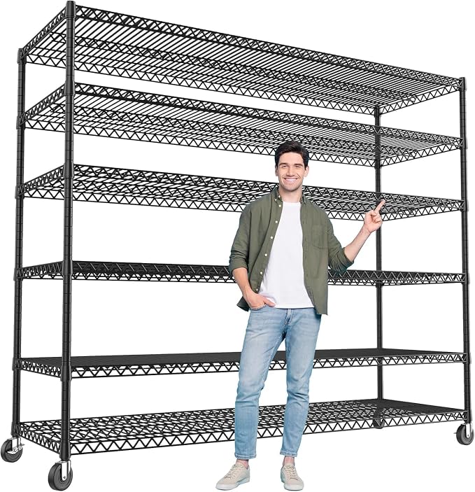 REIBII 60" W 6-Tier Wire Shelving with Wheels & Feet, 3598 lbs, for Garage | 82.6"H x 17.7"D, Heavy-duty steel, Rustproof, Adjustable height, Tool-free assembly, For kitchen pantry commercial basement