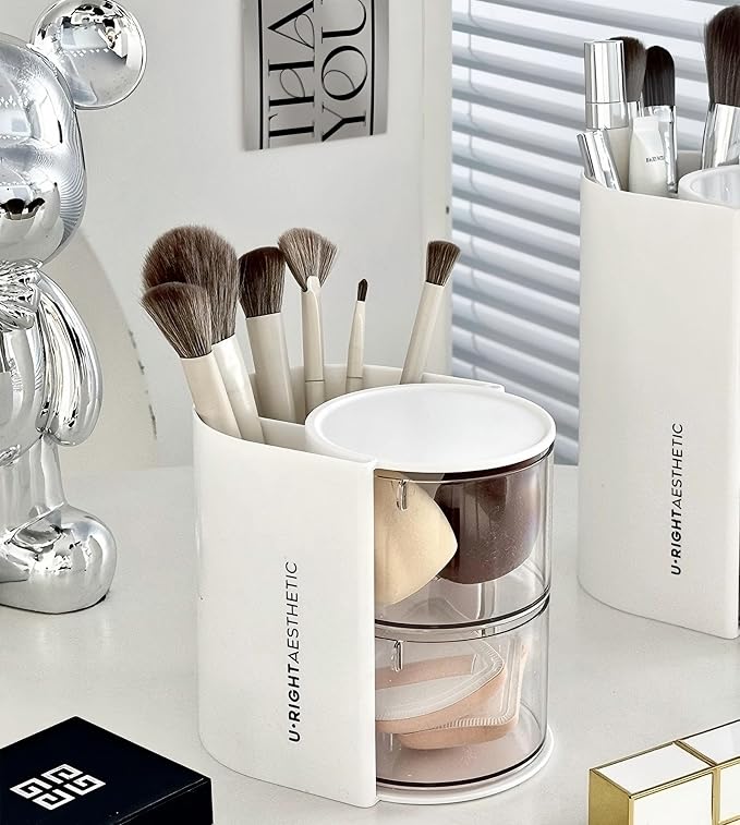 Azurphoric Hair Accessories Organizer with Hair Brush Holder(White,2-Layer) | Rotatable Makeup Brush Holder for Necklaces, Earring, Bracelet, Ring, Makeup Brushes, Hair Clip and Hair Accessories