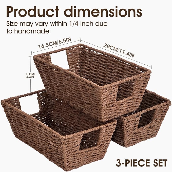 Paper Rope Storage Baskets for Shelves Organizing, Small Hand Woven Wicker Organizer Basket with Handle for Bathroom Toilet Paper Storage, Brown, 3-Pack