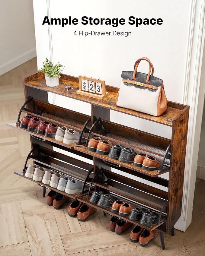 VEVOR Shoe Cabinet with 4 Flip Drawers, Farmhouse Shoes Storage Cabinet with Wood Legs and Anti-Tipping Device, Freestanding Shoe Organizer Ideal for Entryway, Hallway, Bedroom, Living Room, Brown