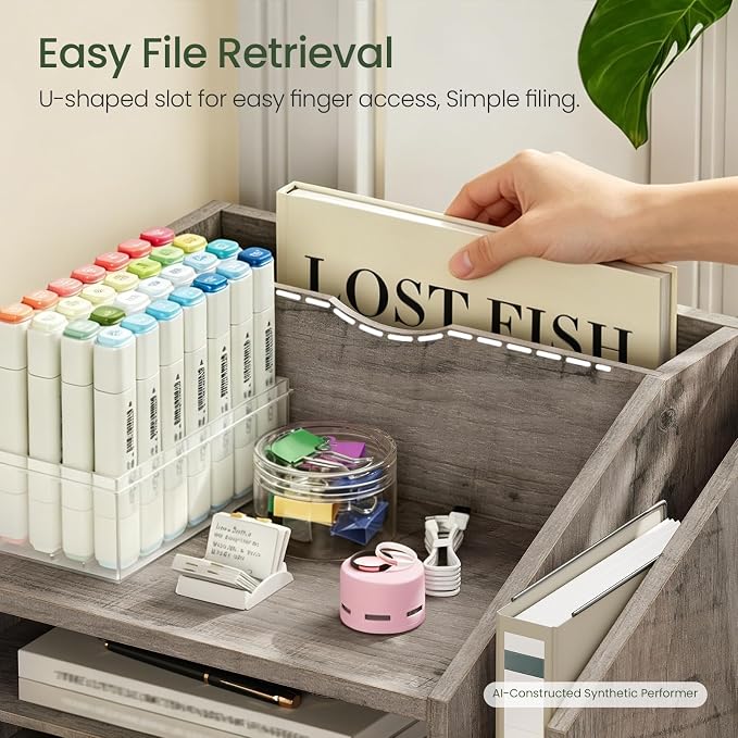 Wooden Desk Organizer with Adjustable Partitions, Multi-Layer Desktop File Holder for Home Office, Paper & Stationery Storage Organizer, Greige MWJ04FH