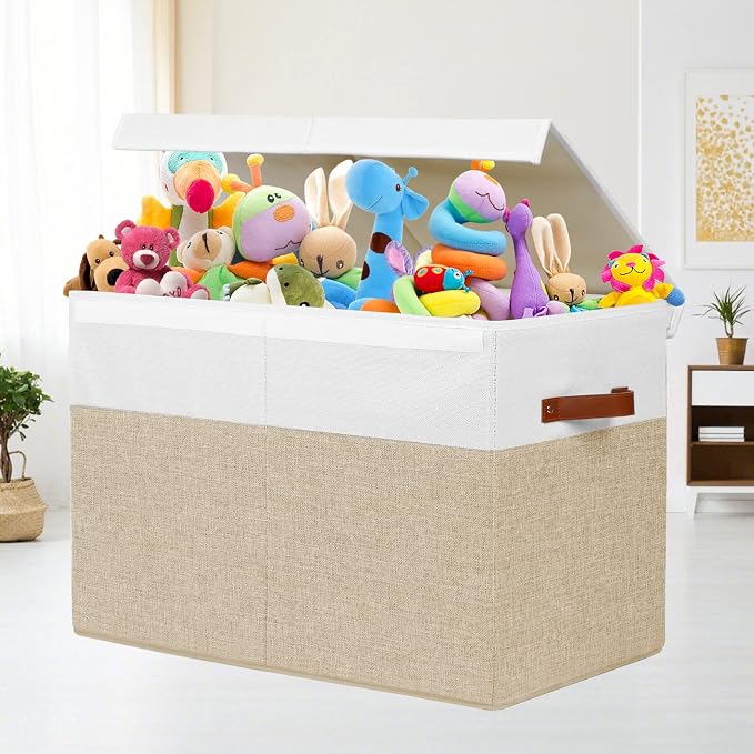 Large Toy Storage Box with Lid, Toy Chest Bin Boxes Basket with Dividers | Sturdy Toy Organizer Bin for Kids, Boys, Girls, Nursery, Living Room, Bedroom, Playroom 25"x13" x16" (Beige and White)