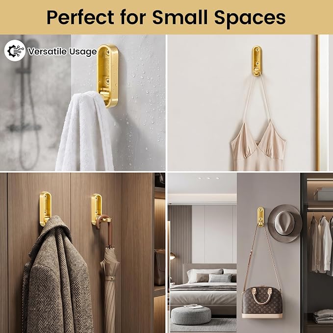 Foldable Wall Hooks, Hold 40lbs, Magnetic Lock Zinc Alloy Gold 4Pcs | Folding coat hooks for towels, coats, bags. Rustproof zinc alloy, screw mount. Space-saving for bathroom, kitchen, entryway.