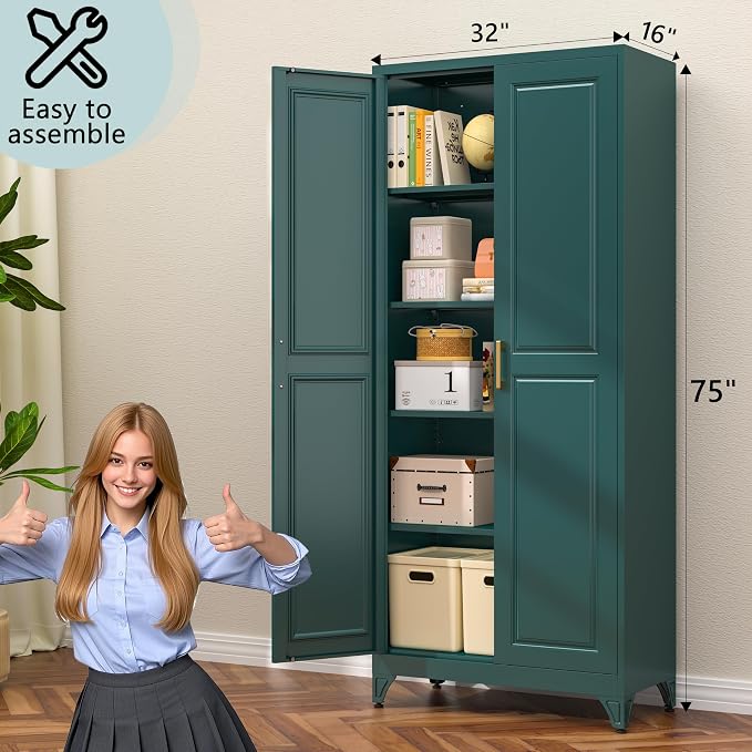 75" Tall Green Metal Storage Cabinet with Doors, Heavy Duty | Freestanding Steel Kitchen Pantry Cabinet, 4 Adjustable Shelves (180 Lbs Load), Tall Cabinets for Home, Office and Garage