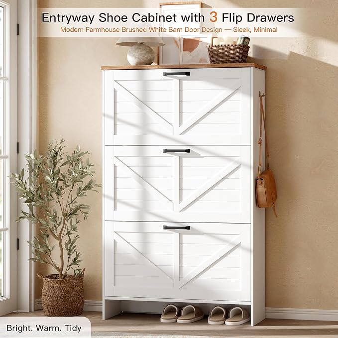 Nicetree Shoe Cabinet, 3 Flip Drawers & Adjustable Shelves, Ultra Slim Freestanding (9.1” Deep), Holds 30 Pairs, Narrow Shoe Storage Cabinet with Anti-Tip Safety, Modern Farmhouse White Walnut