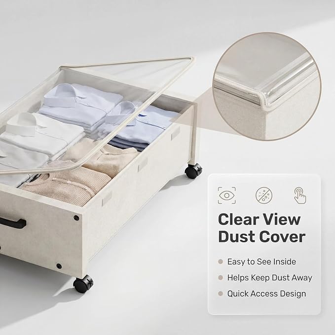 KITHELP Wooden Under Bed Storage with Wheels, Rolling Under the Bed Storage Bins with Removable Lid, Metal Under Bed Drawers for Clothes and Shoes in Bedroom or Living Room (White-2pack)