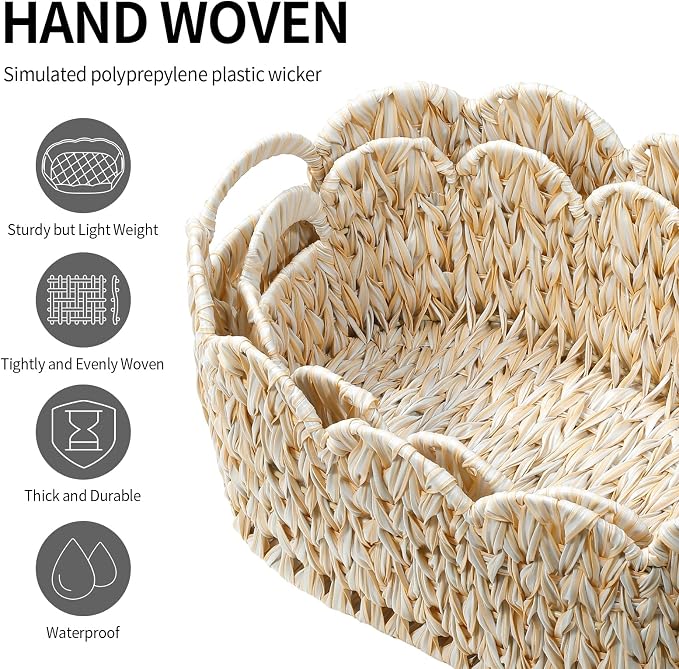 Coeusy Wicker Scalloped Basket Set of 2,Woven Storage Baskets for Shelves,Closet,Laundry,Gifts,Towels,Books,Toys,Waterproof Boho Decor Basket for Organizing