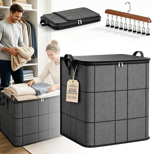Upgrade Spacious Moving Storage Bin - Large Capacity Zippered Fabric Organizer for Bedding & Clothes, Foldable Blanket Bag with Reinforced Handles for Quilts, Comforters & Moving Day，1Pcs：M