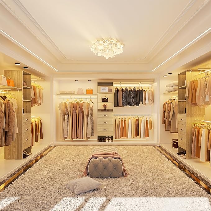 120 Inches Closet System, 10FT Walk In Closet Organizer with 2 Shelving Towers, Heavy Duty Clothes Rack with 3 Drawers, Built-In Garment Rack, 120" L x 16" W x 75" H, Load 1300 LBS, White Oak