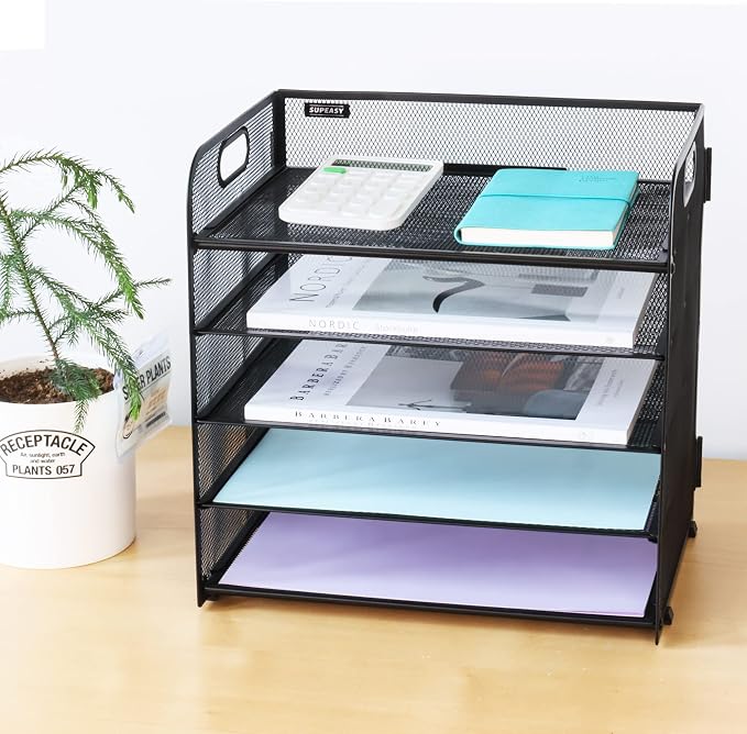 Supeasy 5 Trays Paper Organizer Letter Tray with Handle-Mesh Desk File Holders, Paper Sorter Desk Organizer for Office, Home, Classroom or School