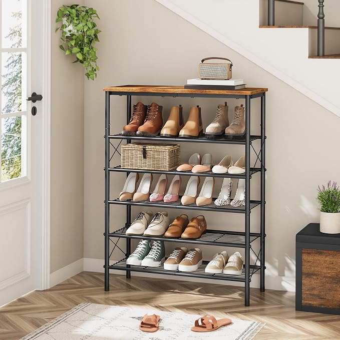 6 Tier Shoe Rack for 20-24 Pairs of Shoes, Rustic Brown & Black | Sturdy & Durable, X Shape Fixed Frame, Metal Mesh Shoe Shelf, Industrial, For Closet, For Entryway Shoe Storage