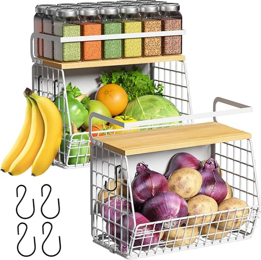 Magnetic Shelf for Fridge with Wood Lid, Fruit Potato and Onion Storage Bins, Pantry Organizers & Storage, Large Container Magnetic Spice Rack for Refrigerator, Kitchen Counter (White, 2)