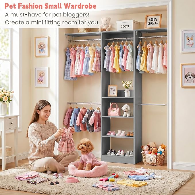 48" Small Closet System, Space-Saving Wall-Mounted Wardrobe Organizer, Mini Garment Rack for Narrow Spaces, Morning Outfit Prep Station & Nursery Dress-up Storage,Grey