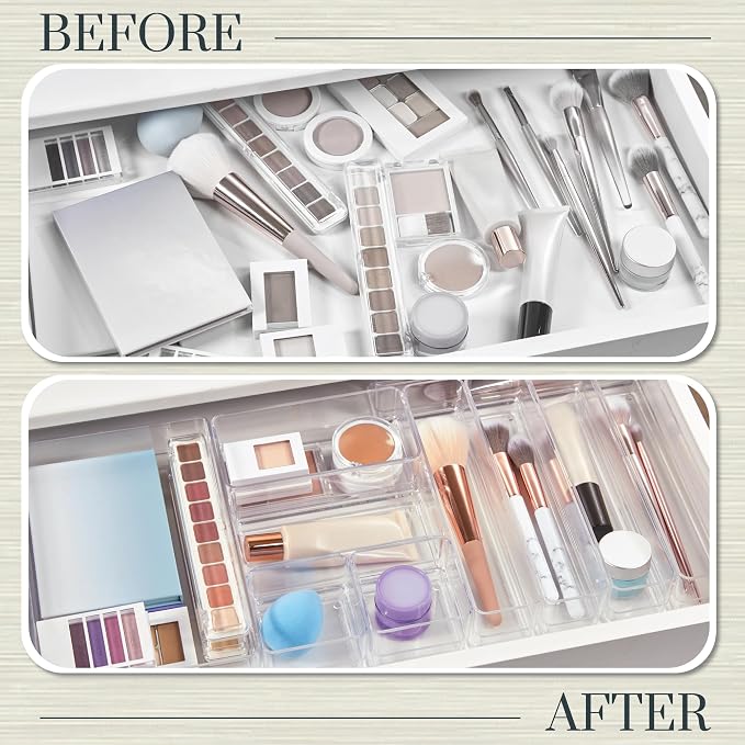 STORi SimpleSort 10-Piece Stackable Clear Drawer Organizer Set | Multi-size Trays | Makeup Vanity Storage Bins and Office Desk Drawer Dividers | Made in USA